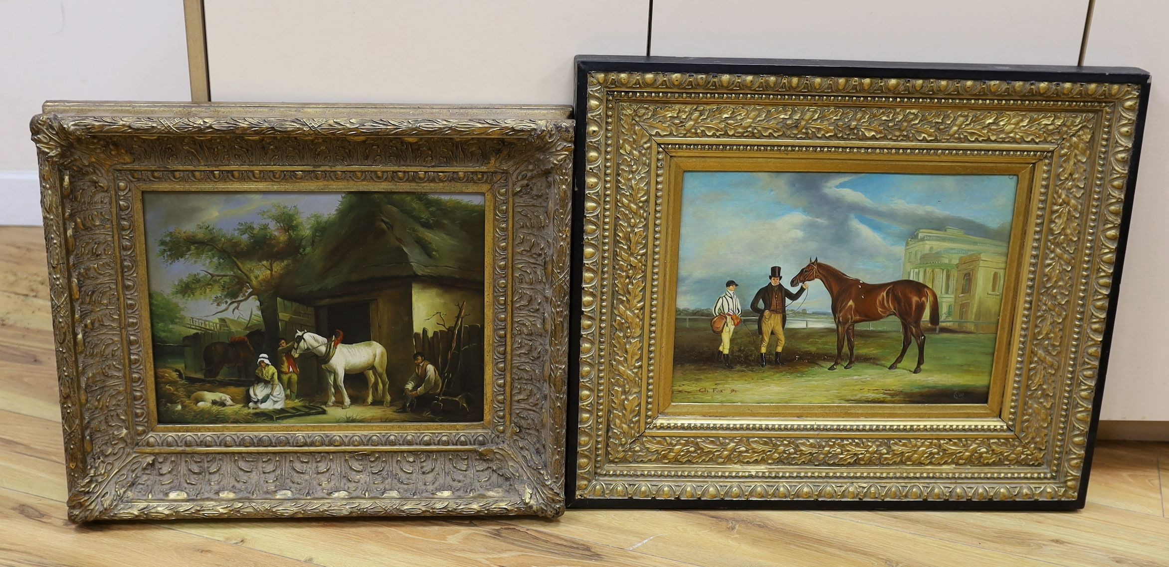 Two modern Victorian style oils on board, Racehorse owner and jockey and Figures beside a stable, 30 x 40cm, frames differ